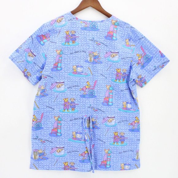 Simply Basic Scrub Top Womens Blue Cartoon All Over Print V Neck Size Small S - Picture 7 of 9